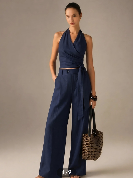 Commense Pants - Commense Cotton Linen Halter Wrap Top & Pants Set